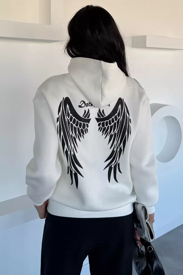 Kadın Kapüşonlu Kanguru Cepli Baskılı Üç İplik Şardonlu Sweatshirt
