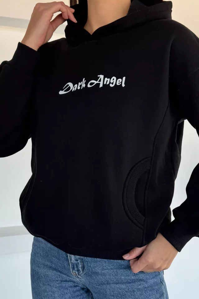 Kadın Kapüşonlu Kanguru Cepli Baskılı Üç İplik Şardonlu Sweatshirt - 2
