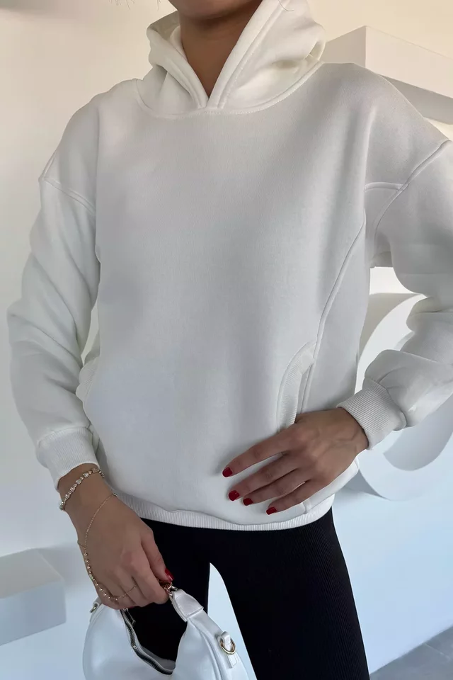 Kadın Kapüşonlu Kanguru Cepli Üç İplik Şardonlu Sweatshirt - 1