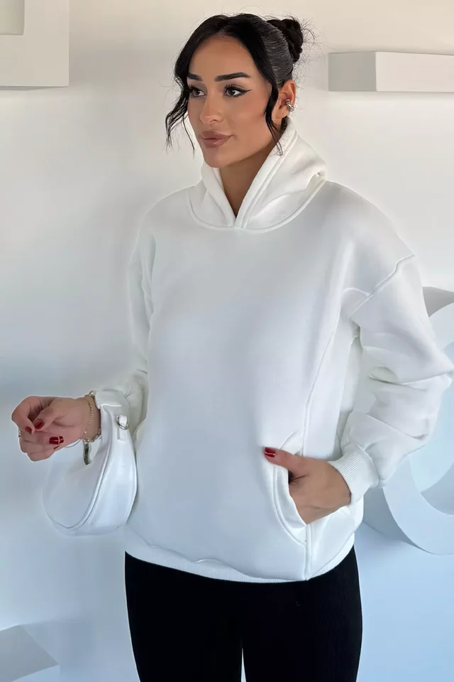 Kadın Kapüşonlu Kanguru Cepli Üç İplik Şardonlu Sweatshirt - 2