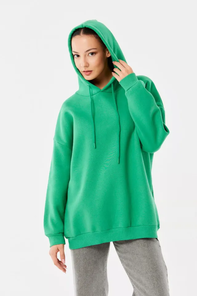 Kadın Kapüşonlu Şardonlu Salaş Sweatshirt Yeşil
