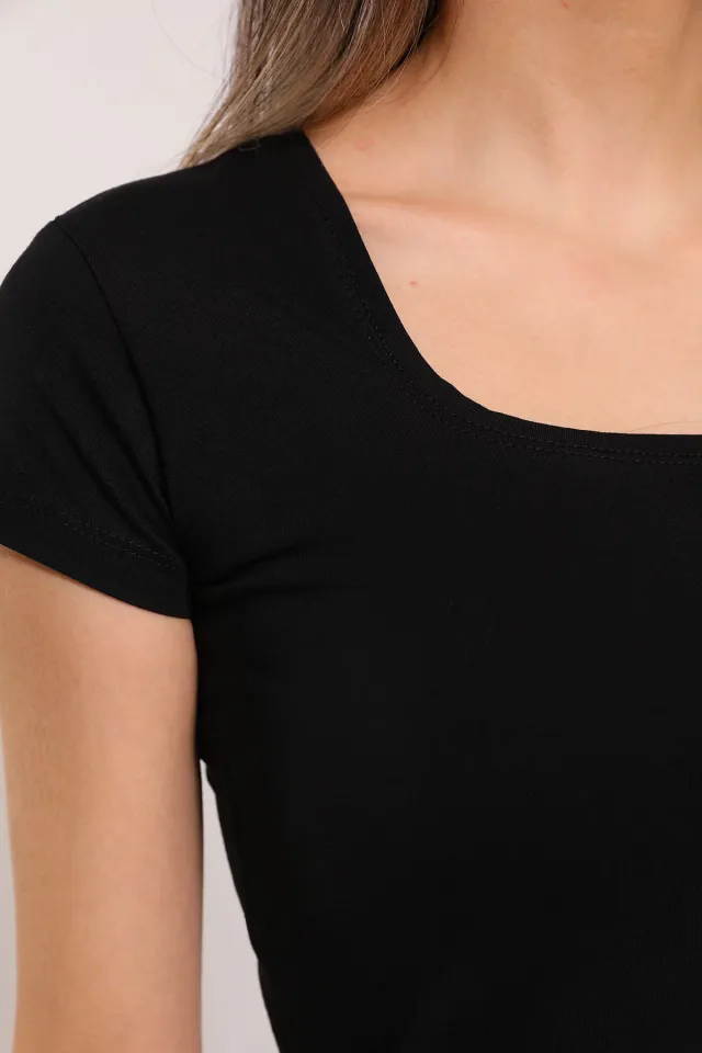 Kadın Kare Yaka Basıc Body T-shirt Siyah