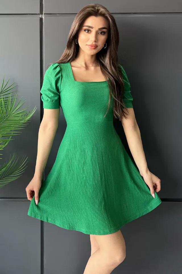 Kadın Kare Yaka Likralı Elbise Koyuyeşil