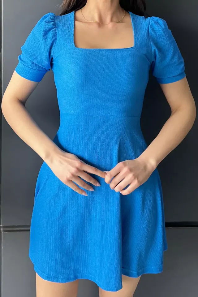 Kadın Kare Yaka Likralı Elbise Mavi