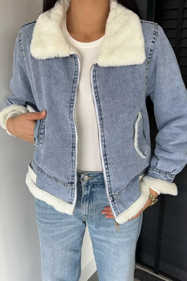 Kadın Kemer Detaylı Çift Cepli İçi Kürklü Jean Kot Ceket