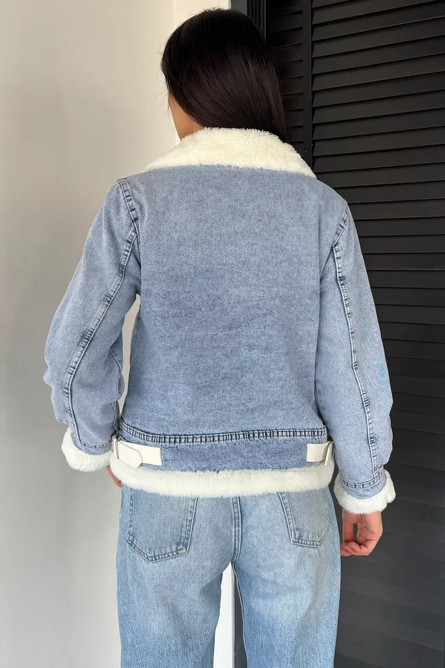 Kadın Kemer Detaylı Çift Cepli İçi Kürklü Jean Kot Ceket