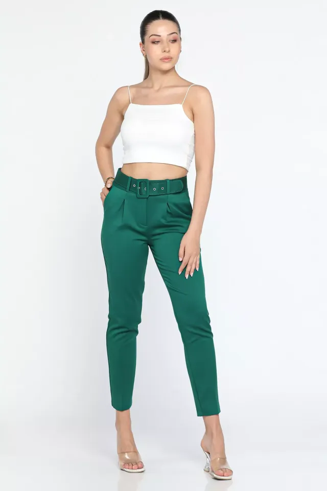 Kadın Kemerli Kumaş Pantolon Yeşil