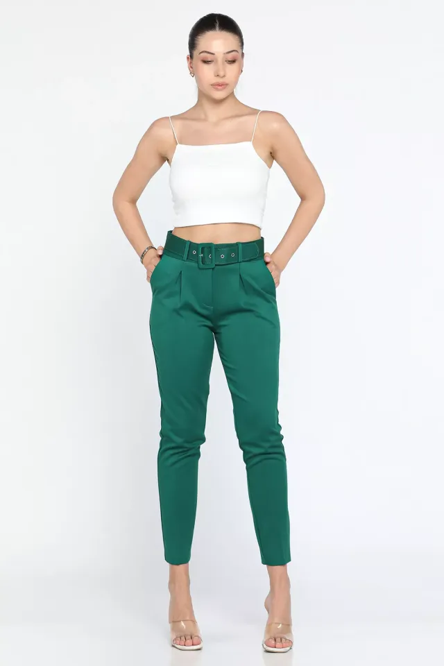 Kadın Kemerli Kumaş Pantolon Yeşil