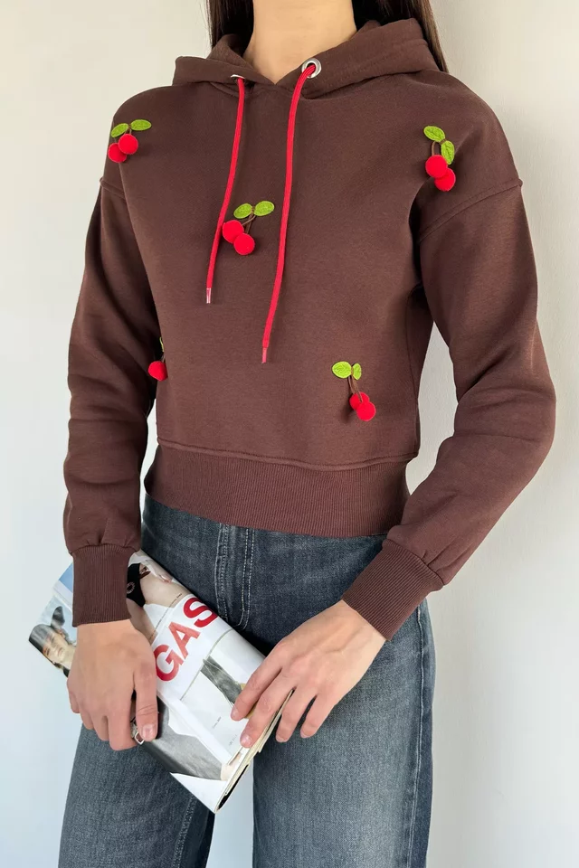 Kadın Kirazlı Kapüşonlu Üç İplik Şardonlu Sweatshirt - 1
