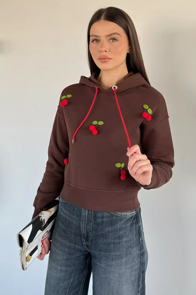 Kadın Kirazlı Kapüşonlu Üç İplik Şardonlu Sweatshirt - 2
