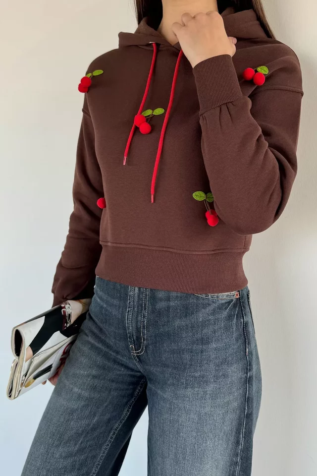 Kadın Kirazlı Kapüşonlu Üç İplik Şardonlu Sweatshirt