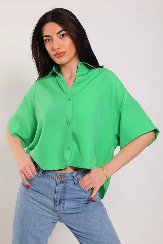 Kadın Kısa Kollu Salaş Crop Gömlek Yeşil