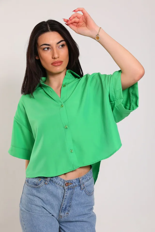 Kadın Kısa Kollu Salaş Crop Gömlek Yeşil