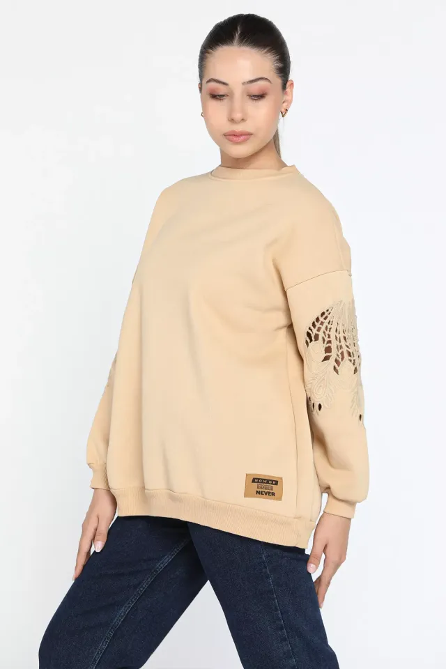 Kadın Kol Detaylı Salaş Sweatshirt Bej