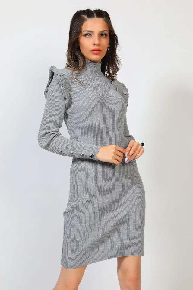 Kadın Kol Fırfırlı Triko Elbise Gri