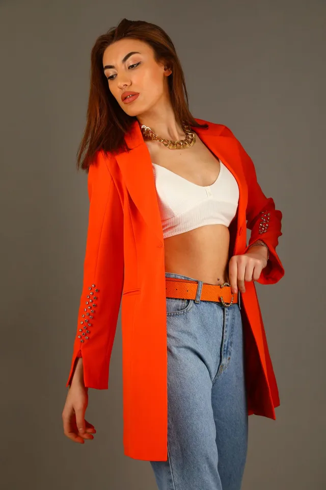Kadın Kol Taş Detaylı Sahte Cepli Uzun Blazer Ceket Orange