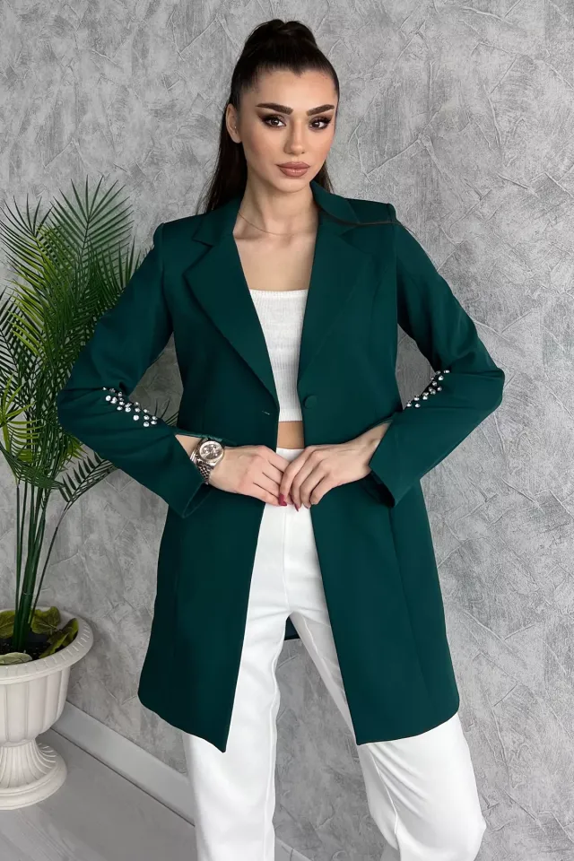 Kadın Kol Taş Detaylı Sahte Cepli Uzun Blazer Ceket Zümrüt Yeşili