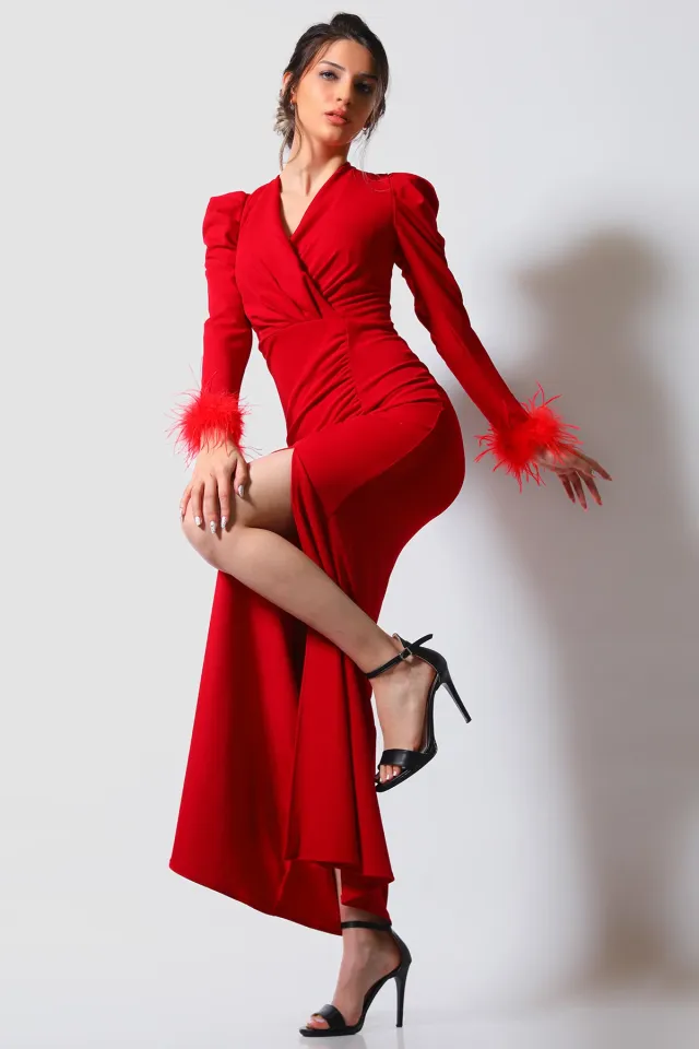 Kadın Kol Tüylü Drapeli Abiye Elbise Kırmızı