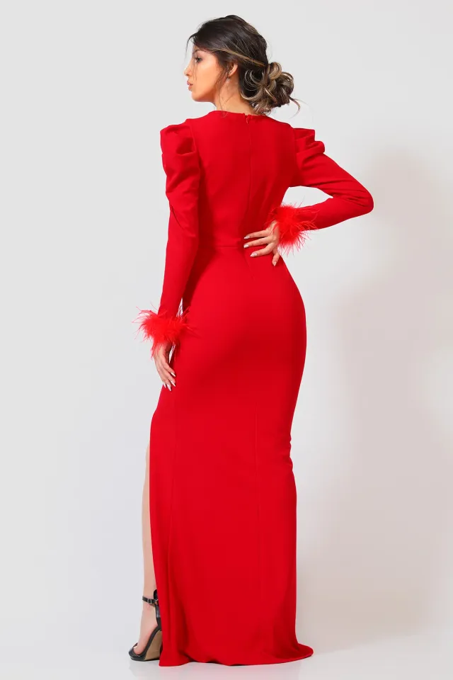 Kadın Kol Tüylü Drapeli Abiye Elbise Kırmızı