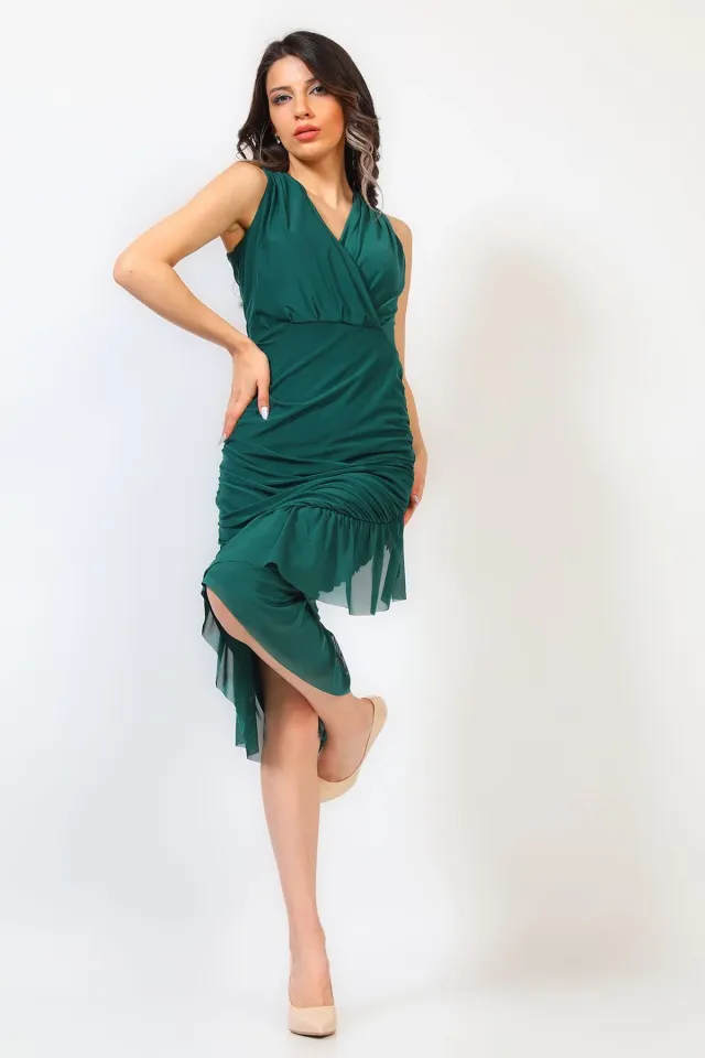 Kadın Kravuze Yaka Fırfırlı Abiye Elbise Yeşil