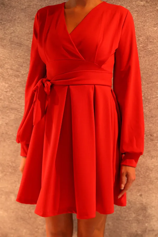 Kadın Kravuze Yaka Kuşaklı Elbise Kırmızı