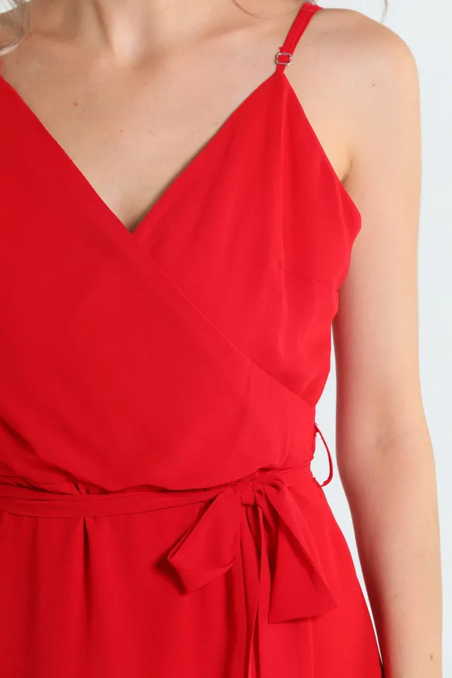Kadın Kruvaze Yaka Ayarlanabilir Askılı Bel Kuşak Detaylı Şifon Abiye Elbise Kırmızı