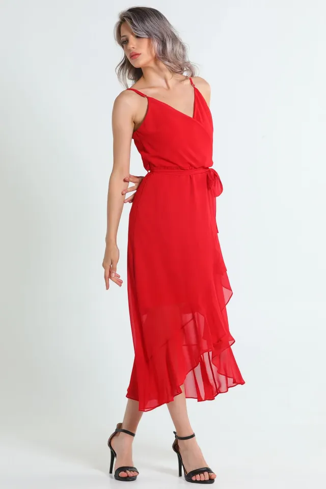 Kadın Kruvaze Yaka Ayarlanabilir Askılı Bel Kuşak Detaylı Şifon Abiye Elbise Kırmızı