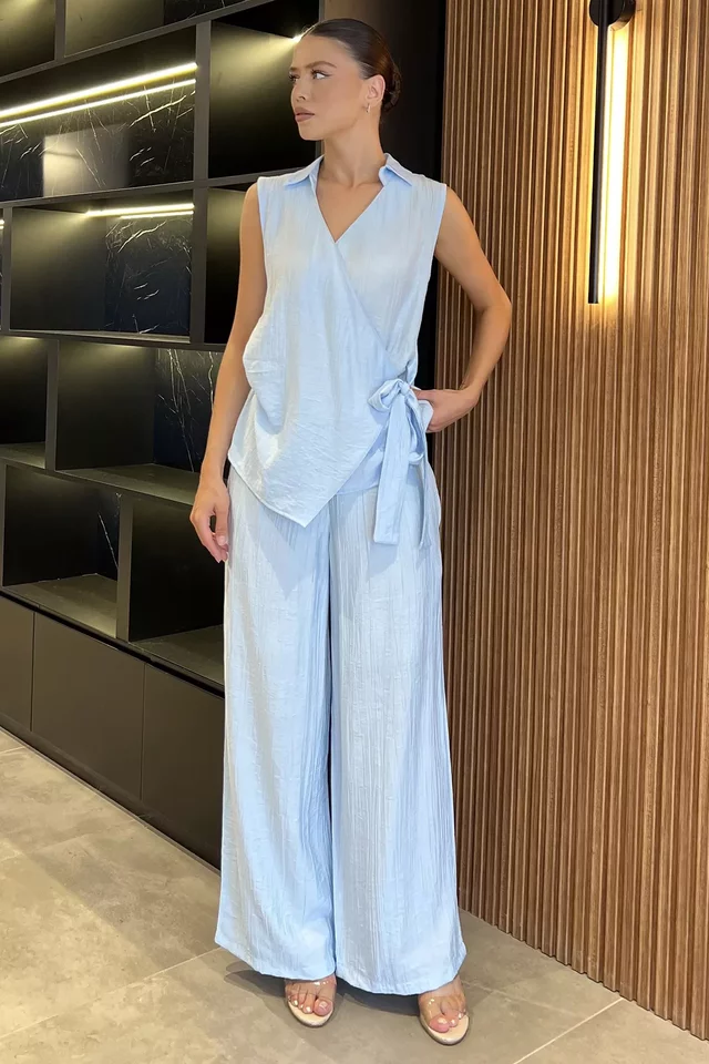 Kadın Kruvaze Yaka Bağlama Detaylı Bluz Pantolon İkili Takım - 2