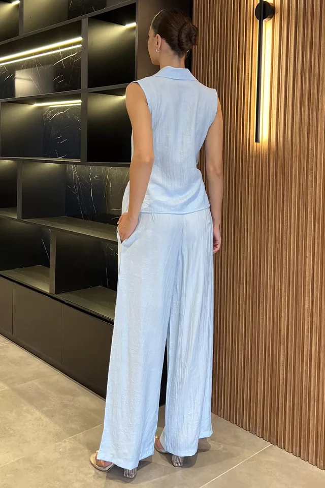 Kadın Kruvaze Yaka Bağlama Detaylı Bluz Pantolon İkili Takım