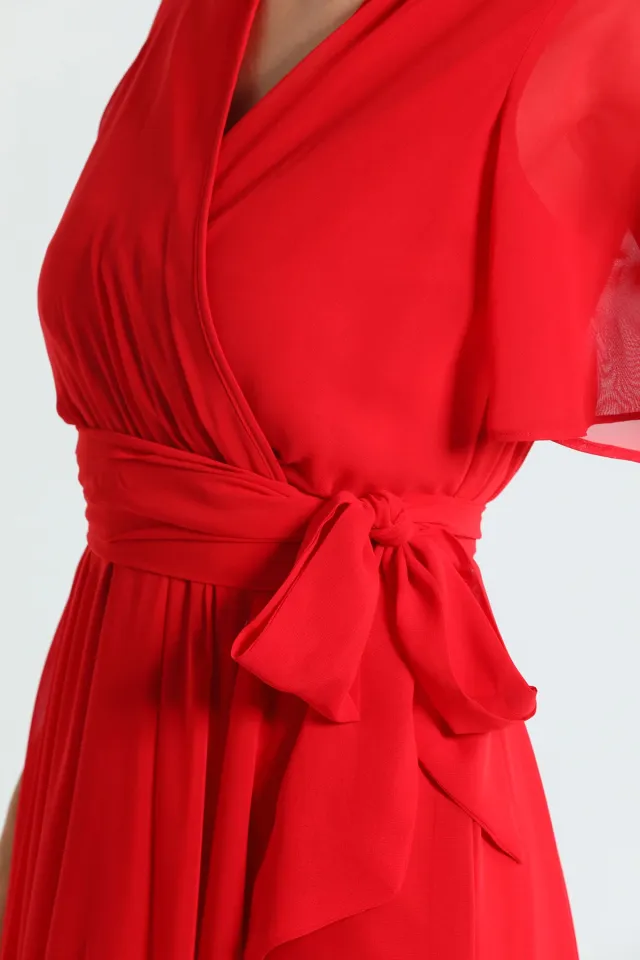 Kadın Kruvaze Yaka Bel Kuşak Detaylı Şifon Abiye Elbise Kırmızı