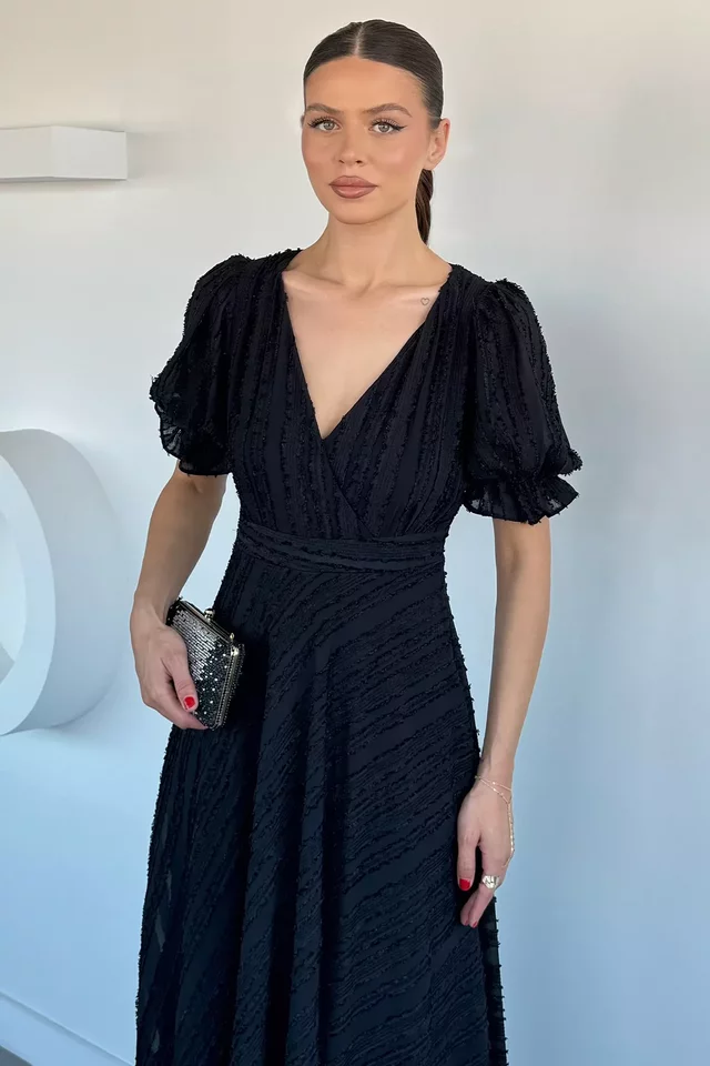 Kadın Kruvaze Yaka Kabartma Desenli Elbise