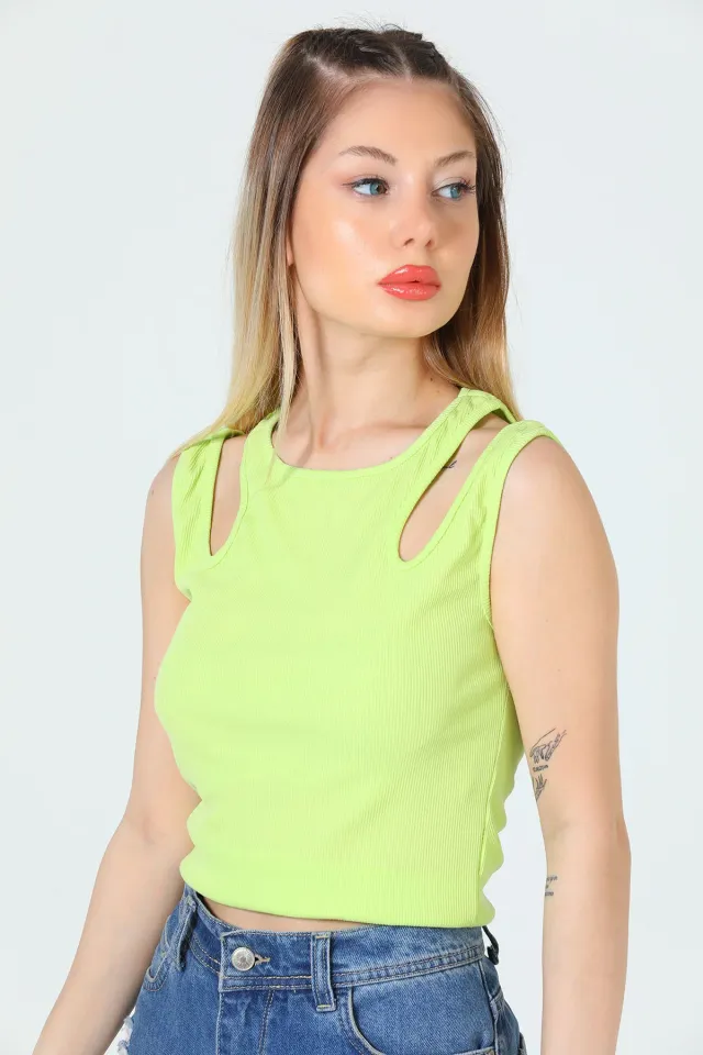 Kadın Likralı Askılı Çift Omuz Detaylı Kaşkorse Crop Body Bluz Fıstık Yeşili