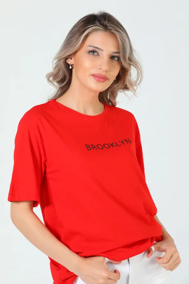 Kadın Likralı Bisiklet Yaka Baskılı Salaş T-shirt Kırmızı