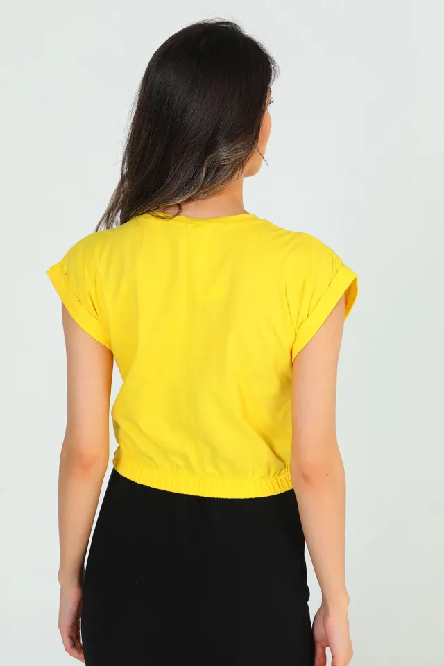 Kadın Likralı Bisiklet Yaka Crop T-shirt Sarı