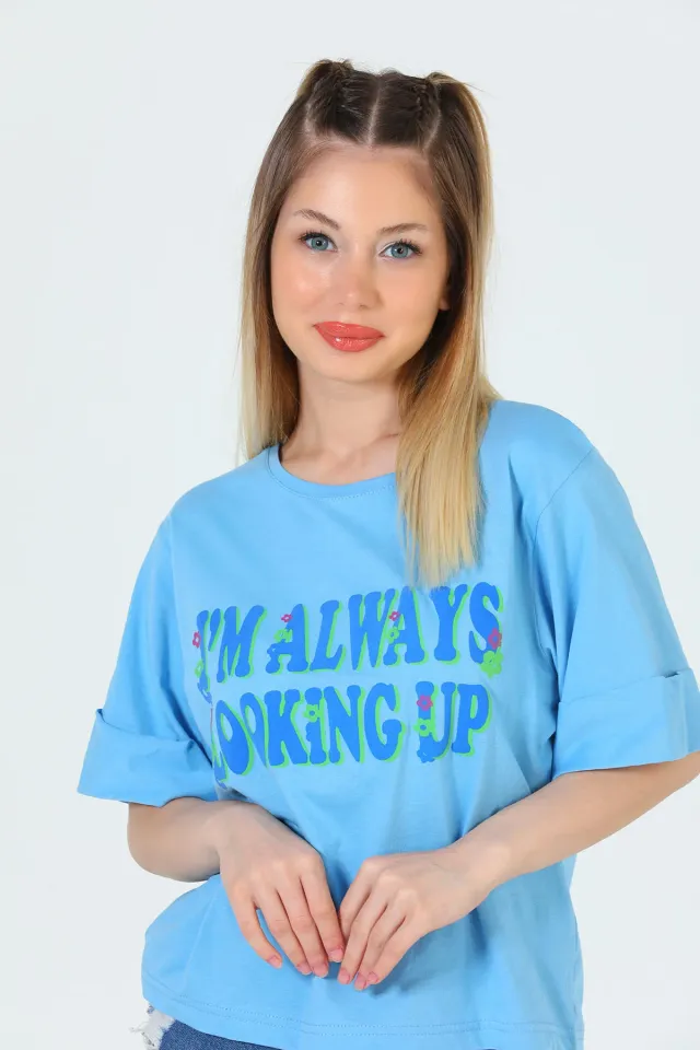 Kadın Likralı Bisiklet Yaka Duble Kol Baskılı T-shirt Mavi