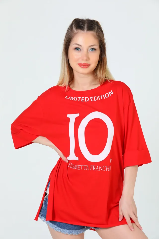 Kadın Likralı Bisiklet Yaka Duble Kol Yırtmaçlı Baskılı Salaş T-shirt Kırmızı