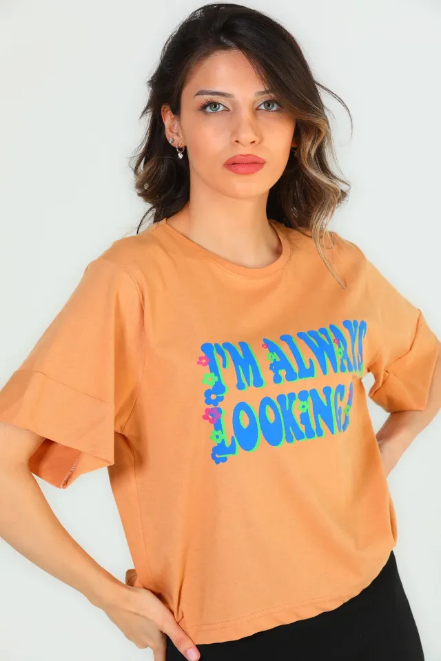 Kadın Likralı Bisiklet Yaka Duble Kol Baskılı T-shirt Bisküvi