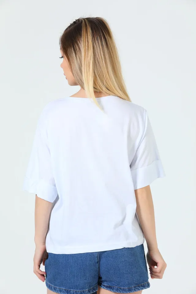 Kadın Likralı Bisiklet Yaka Duble Kol Baskılı T-shirt Beyaz
