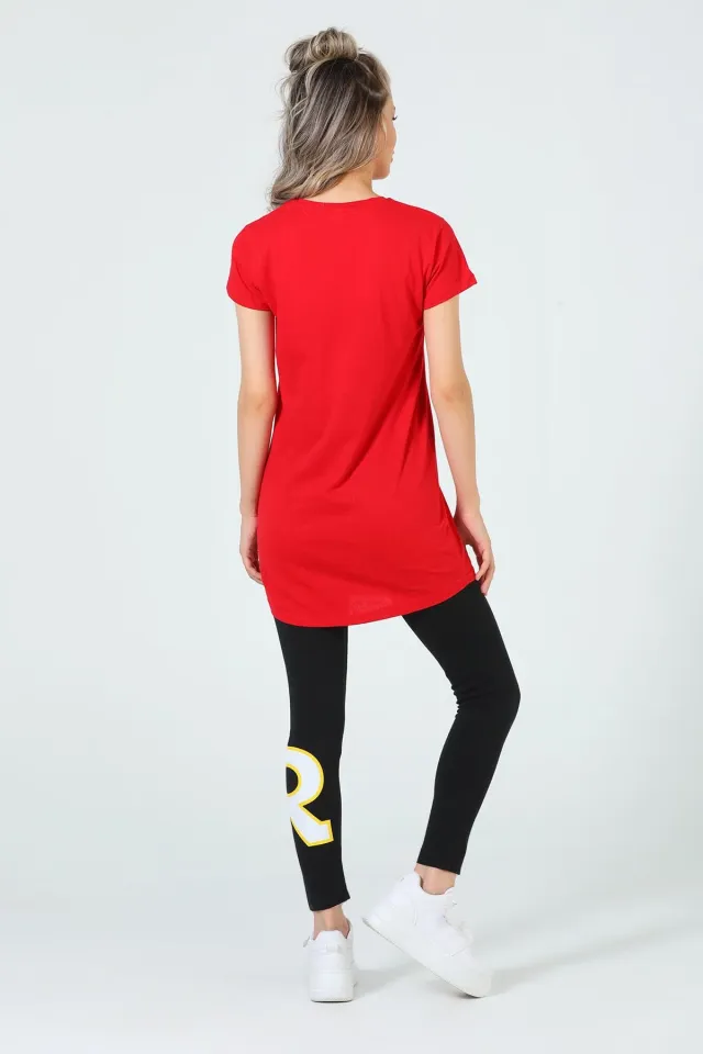 Kadın Likralı Bisiklet Yaka Uzun T-shirt Tayt İkili Takım Kırmızı