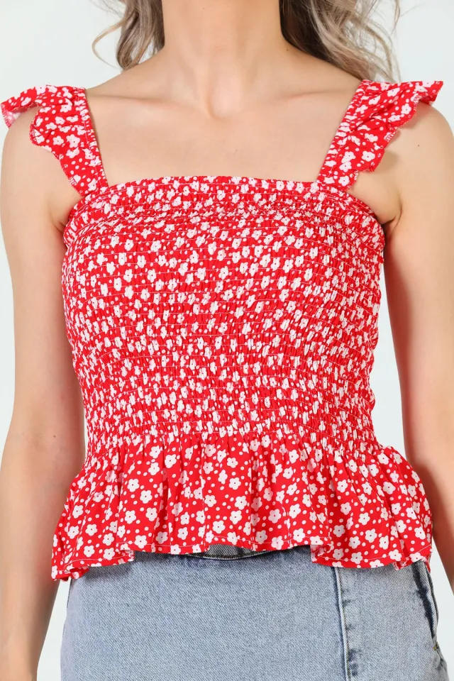 Kadın Likralı Desenli Crop Bluz Kırmızı