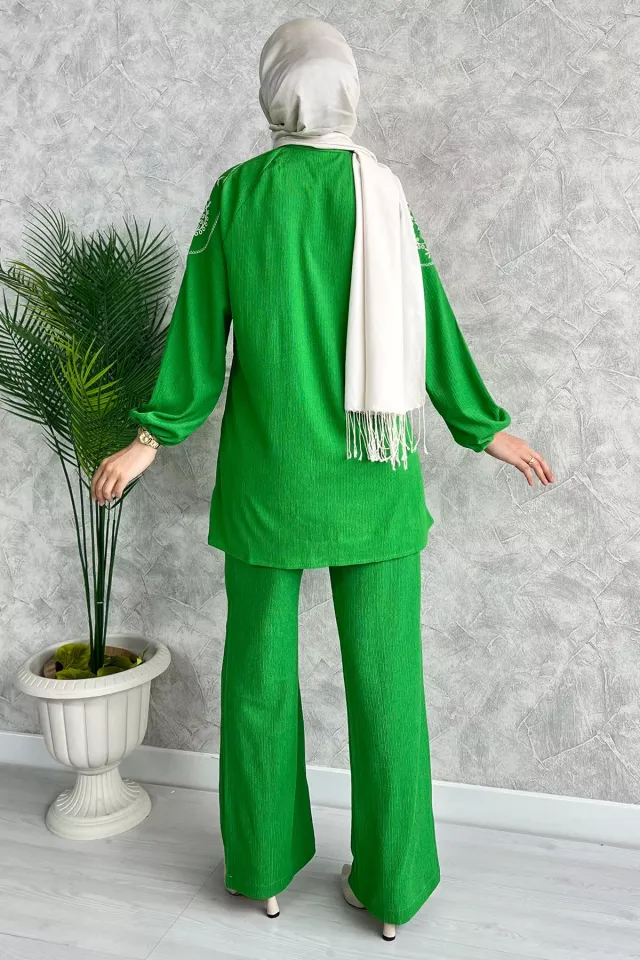 Kadın Nakış Detaylı Tesettür İkili Takım Yeşil