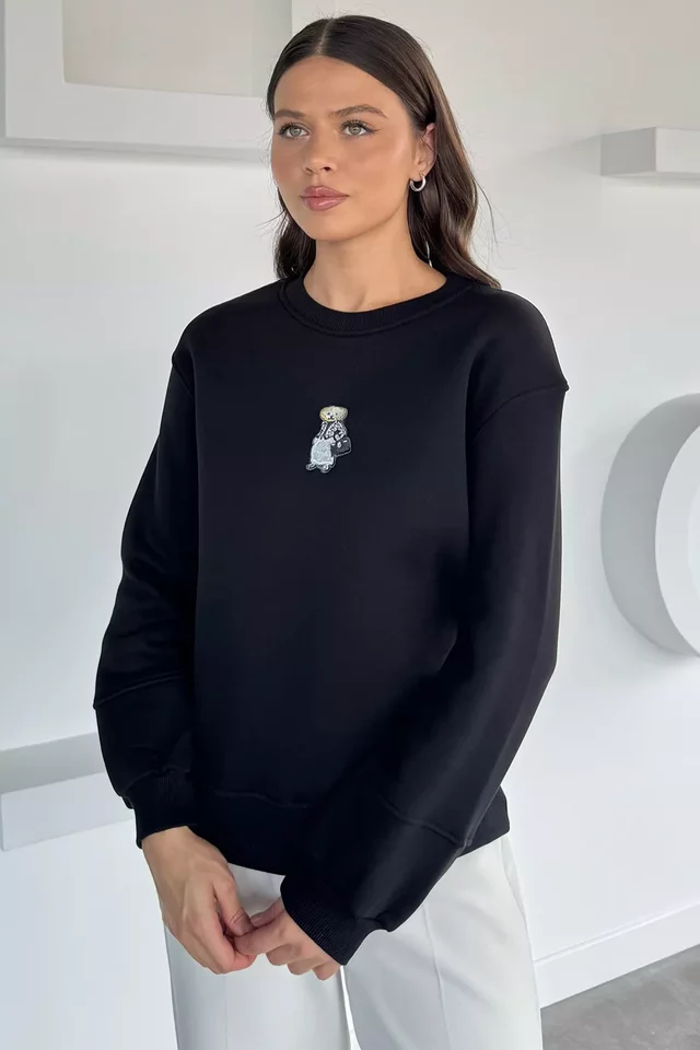 Kadın Nakışlı Üç İplik Şardonlu Sweatshirt - 1