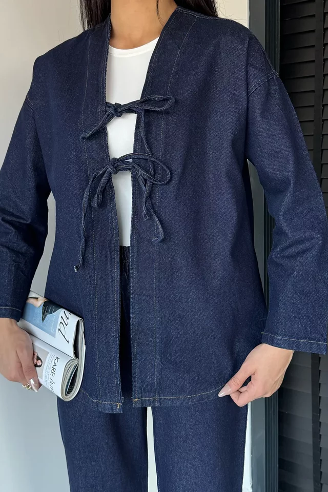 Kadın Ön Bağlamalı Ceket Pantolon Jean Kot İkili Takım - 2