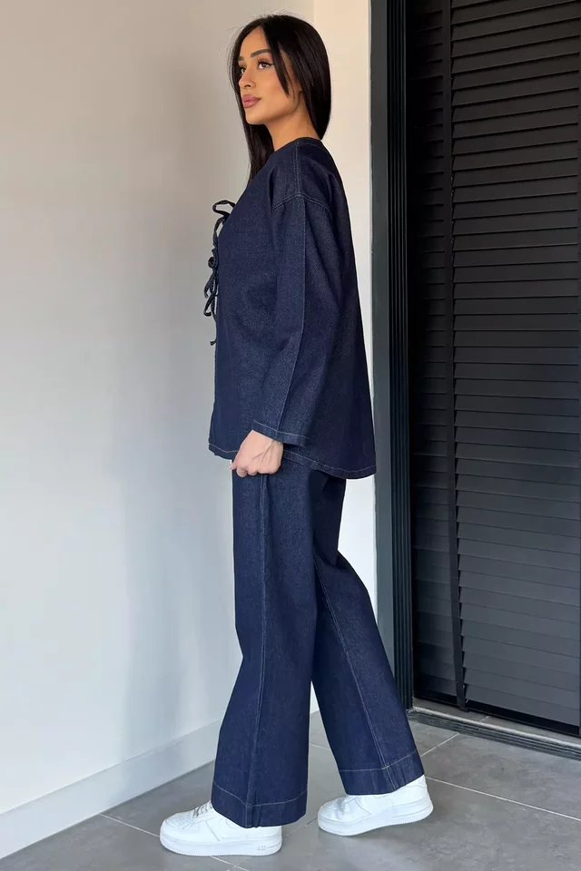 Kadın Ön Bağlamalı Ceket Pantolon Jean Kot İkili Takım