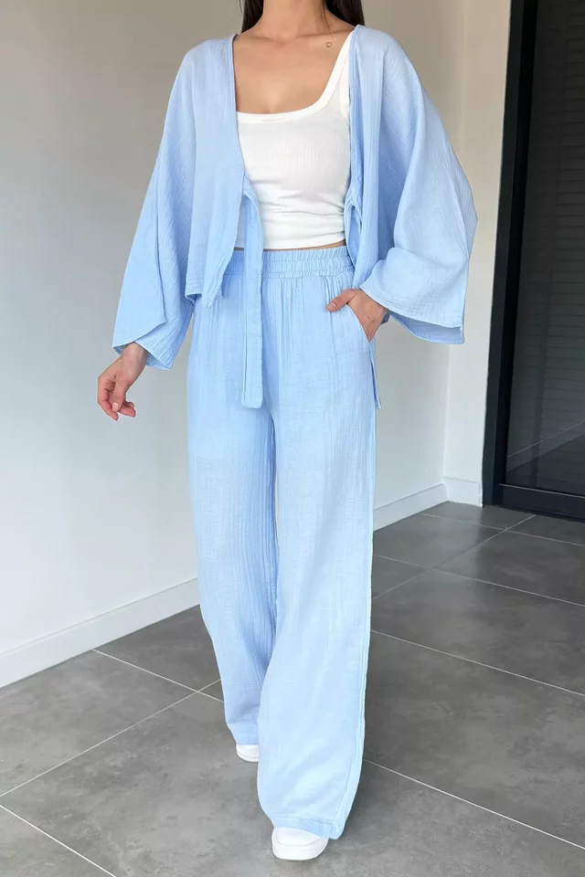 Kadın Ön Bağlamalı Kısa Kimono Bel Lastikli Pantolon İkili Takım - 2