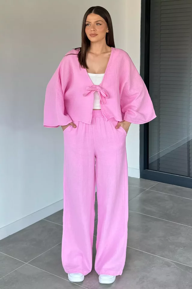 Kadın Ön Bağlamalı Kısa Kimono Bel Lastikli Pantolon İkili Takım - 1
