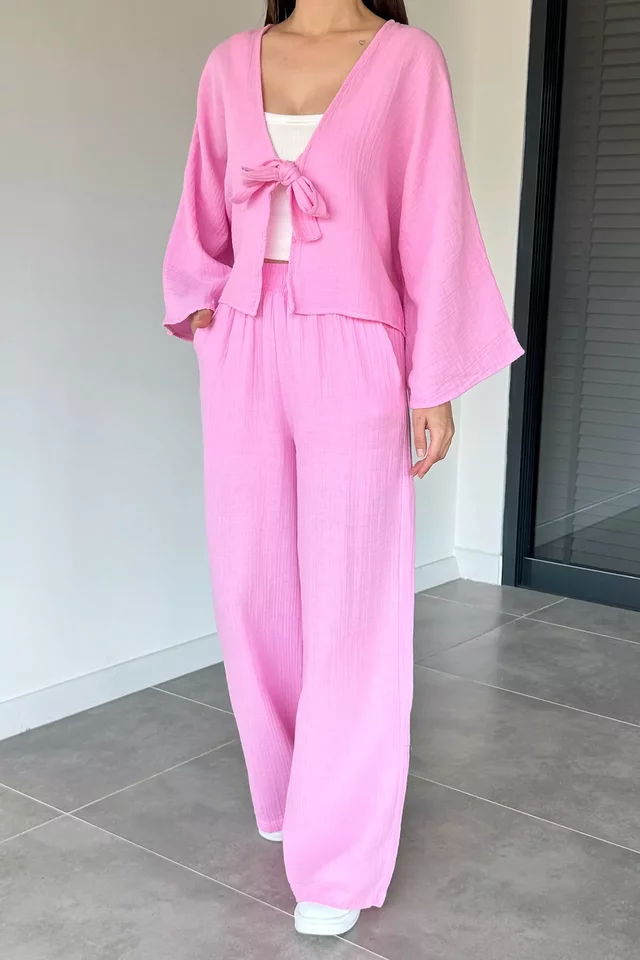Kadın Ön Bağlamalı Kısa Kimono Bel Lastikli Pantolon İkili Takım - 2
