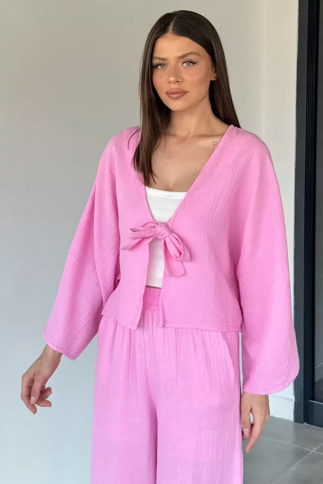 Kadın Ön Bağlamalı Kısa Kimono Bel Lastikli Pantolon İkili Takım