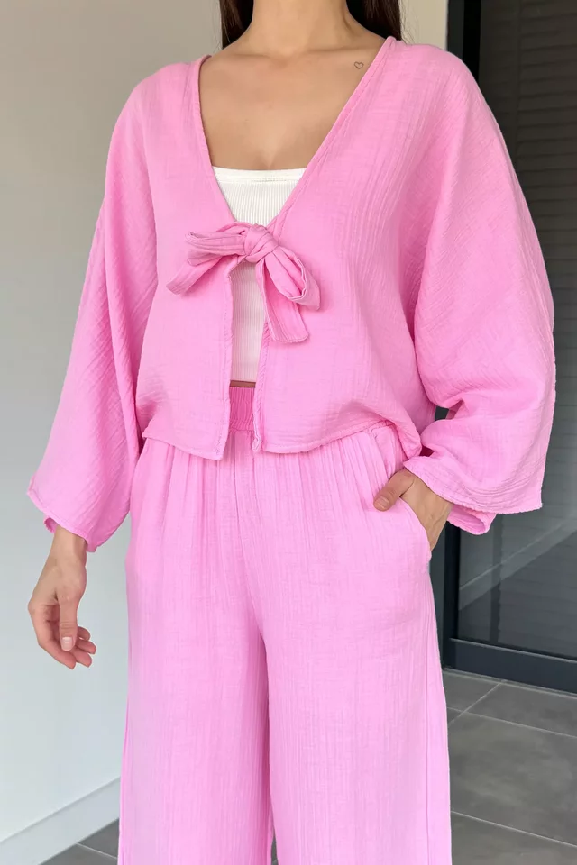 Kadın Ön Bağlamalı Kısa Kimono Bel Lastikli Pantolon İkili Takım