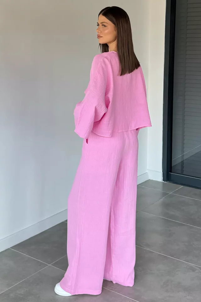 Kadın Ön Bağlamalı Kısa Kimono Bel Lastikli Pantolon İkili Takım